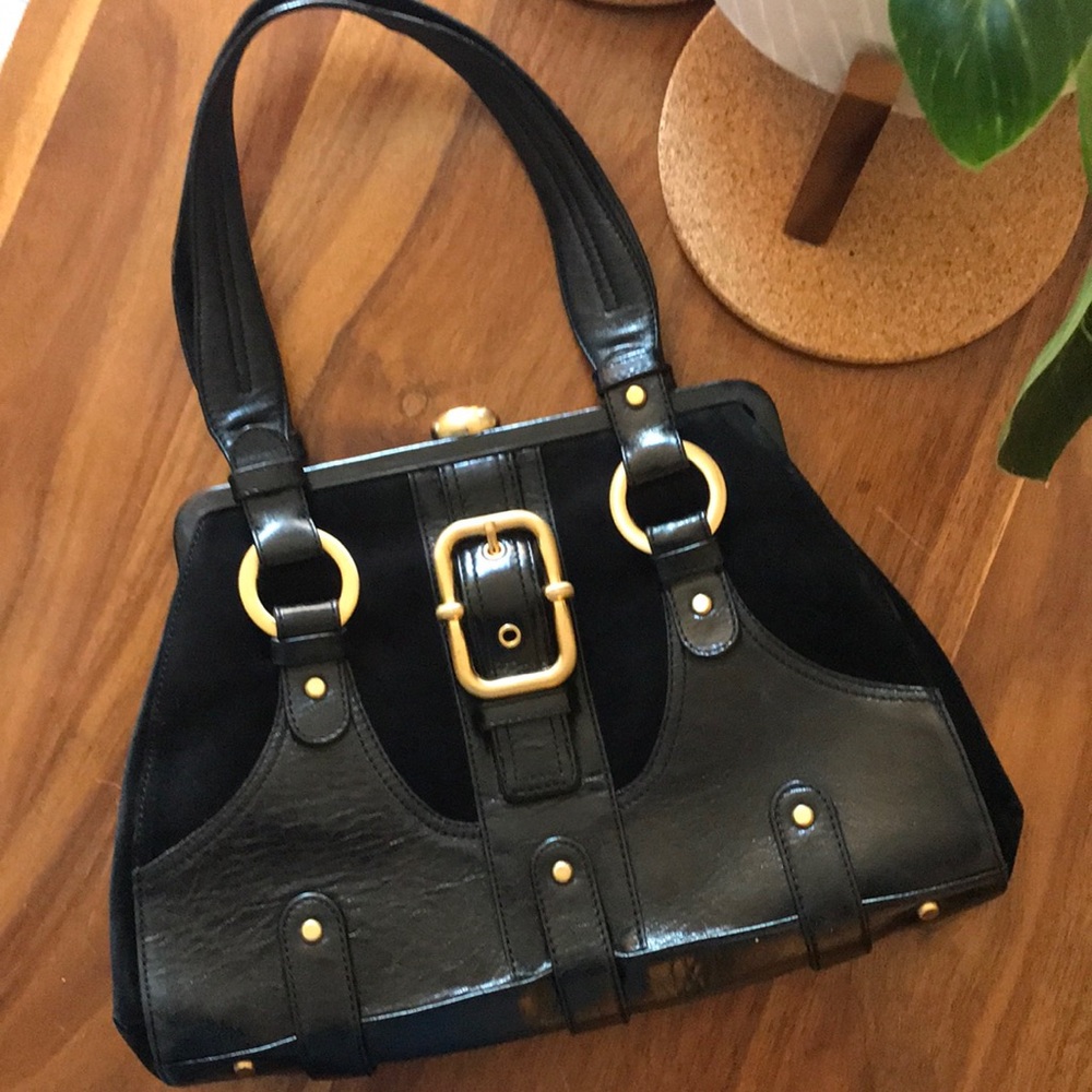 Gorgeous vintage black suede and leather Perlina purse with brass metal work